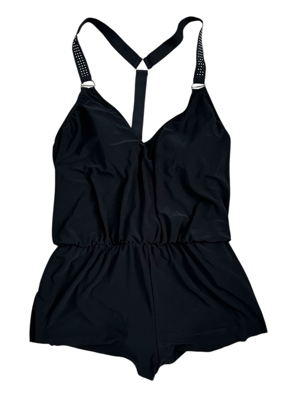 MAGICSUIT by Miracle Suit Solid Black Romper Swimsuit Silver Stud T-Strap 12